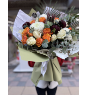 Vip  mega soft turuncu beyaz bordo buket 